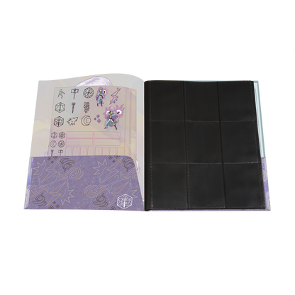 A purple Critical Role Bells Hells Imogen Temult RPG Folio with character stickers and card sleeves.