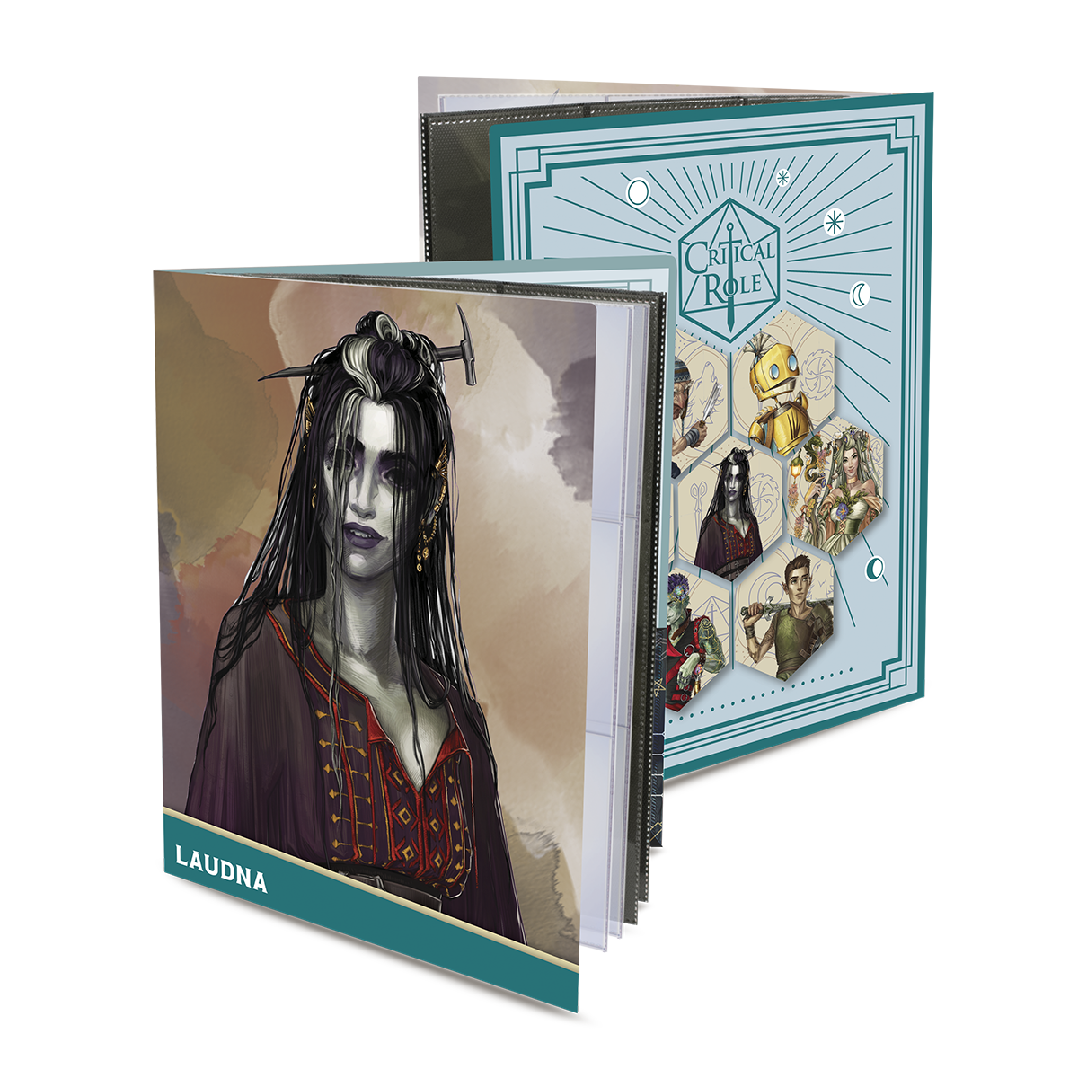 A teal and light blue Critical Role Bells Hells Laudna RPG Folio with character art. Brand: Ultra PRO, Item: Critical Role Bells Hells Laudna RPG Folio with Stickers.