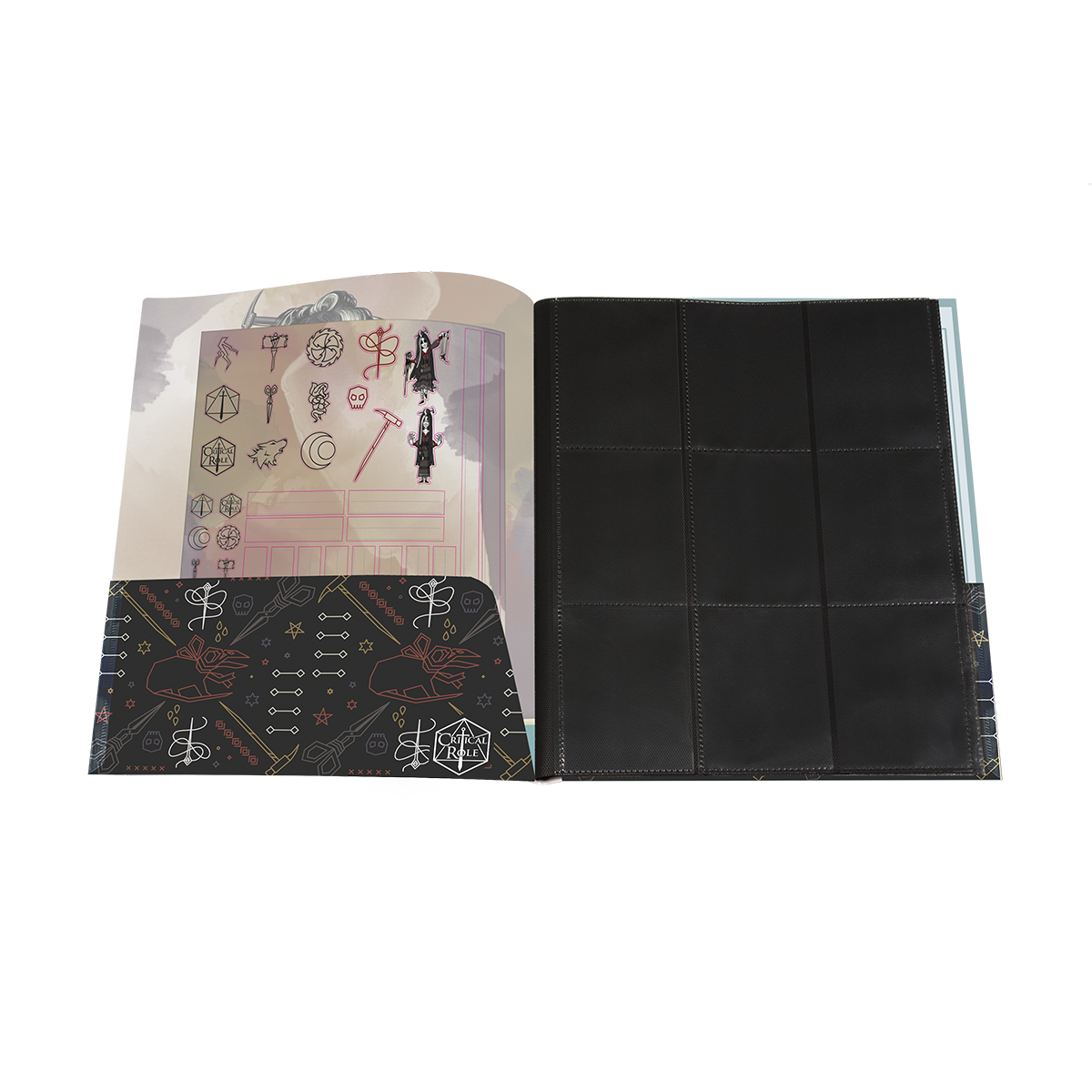 A Critical Role Bells Hells Laudna RPG Folio with Stickers. Brand: Critical Role, Item: Bells Hells Laudna RPG Folio.