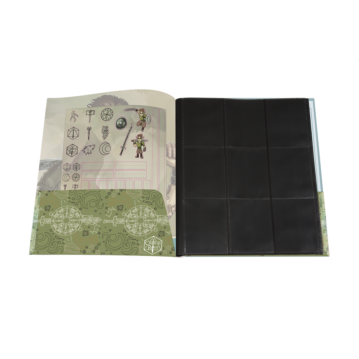 A green Critical Role Orym of the Air Ashari RPG Folio with Stickers. Brand: Critical Role, Item: Orym of the Air Ashari RPG Folio with Stickers.