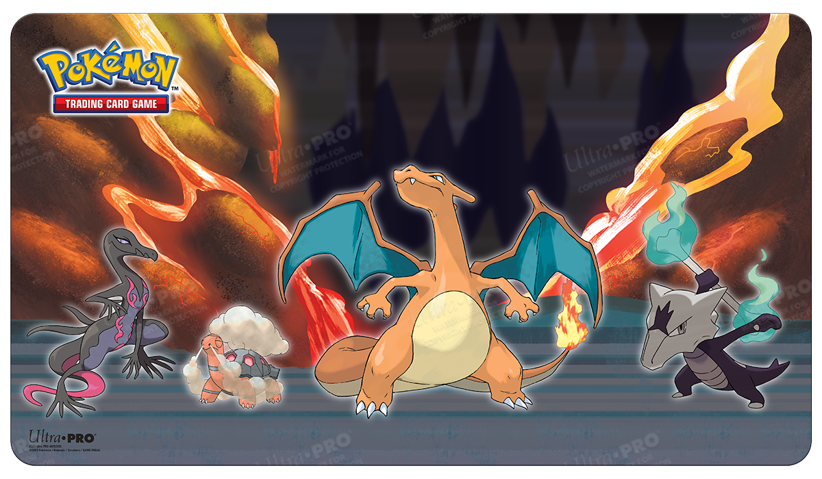 A colorful gaming playmat featuring Charizard, Salazzle, Torkoal, and Cubone from Pokemon. Brand: Ultra PRO, Item: Gallery Series Scorching Summit Standard Gaming Playmat Mousepad for Pokemon