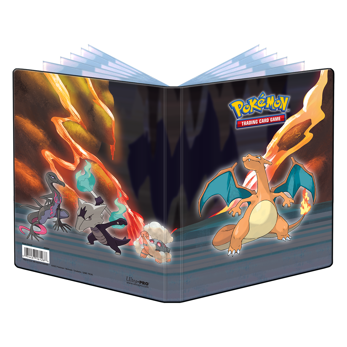 A black Ultra PRO Gallery Series Scorching Summit 4-Pocket Portfolio for Pokemon Trading Card Game, featuring Charizard and other Pokemon.