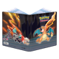 A black Ultra PRO Gallery Series Scorching Summit 4-Pocket Portfolio for Pokemon Trading Card Game, featuring Charizard and other Pokemon.