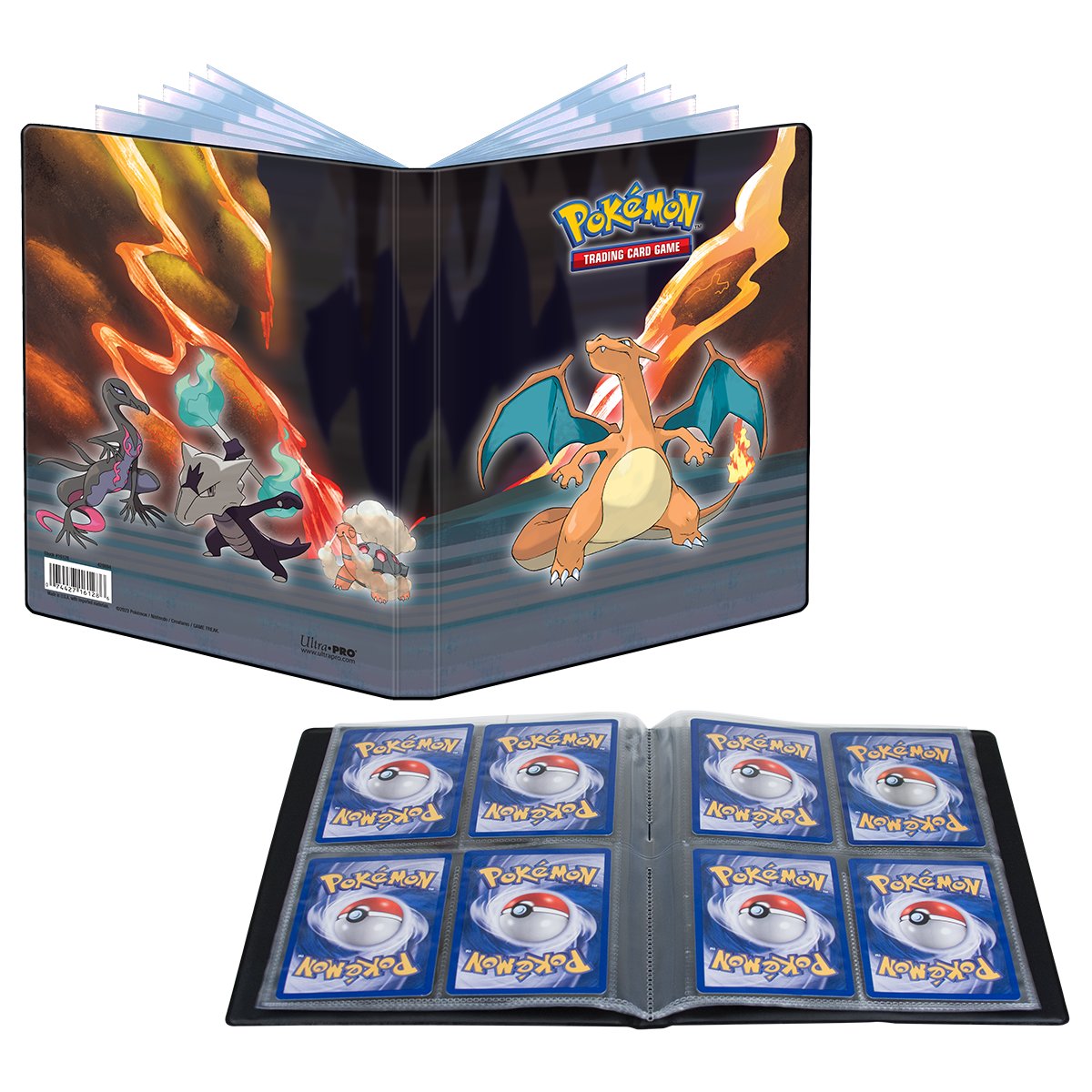 A black Pokemon Trading Card Game 4-Pocket Portfolio featuring Charizard and other Pokemon. Brand: Ultra-Pro, Item: Gallery Series Scorching Summit 4-Pocket Portfolio for Pokemon.
