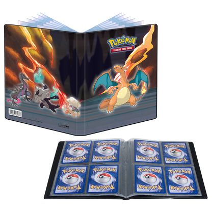 A black Pokemon Trading Card Game 4-Pocket Portfolio featuring Charizard and other Pokemon. Brand: Ultra-Pro, Item: Gallery Series Scorching Summit 4-Pocket Portfolio for Pokemon.
