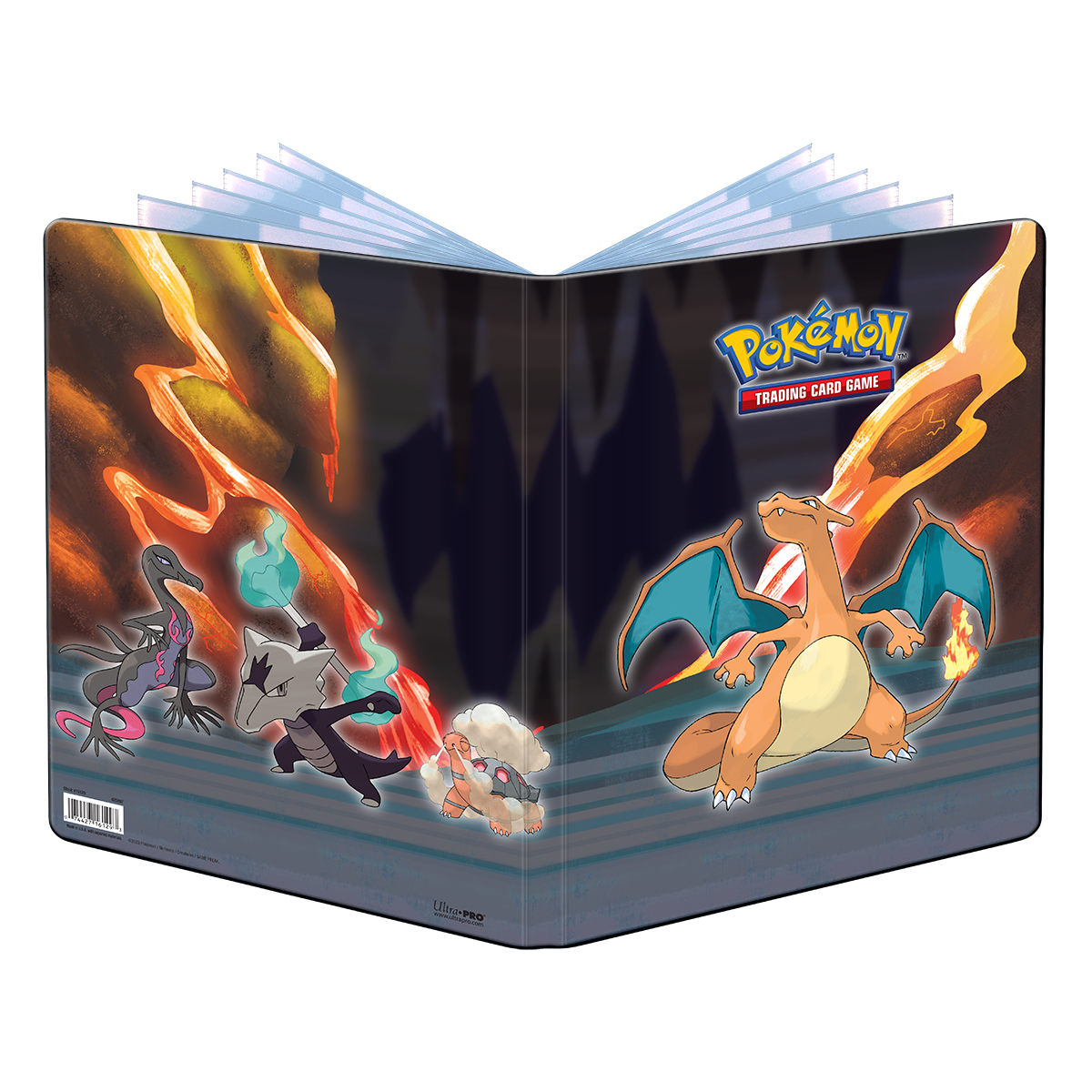 A black Ultra PRO Gallery Series Scorching Summit 9-Pocket Portfolio for Pokemon featuring Charizard and other Pokemon.
