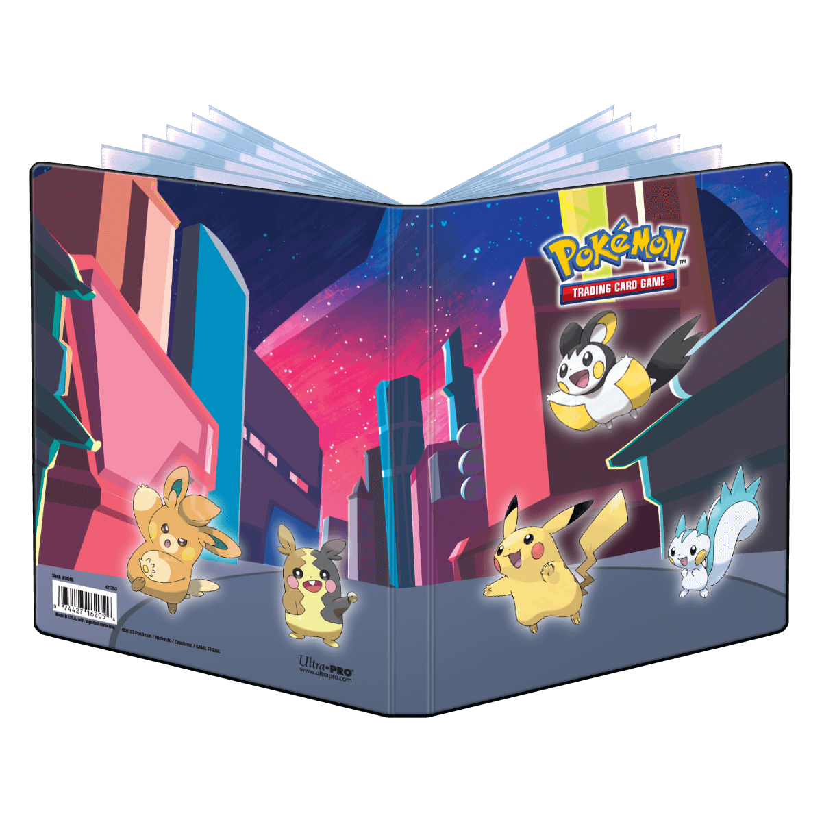 A Shimmering Skyline 4-Pocket Portfolio for Pokemon cards. Features Pikachu, Morpeko, Pawmi, Skwovet, and Emolga in a city at night.