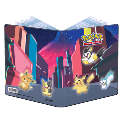 A Shimmering Skyline 4-Pocket Portfolio for Pokemon cards. Features Pikachu, Morpeko, Pawmi, Skwovet, and Emolga in a city at night.