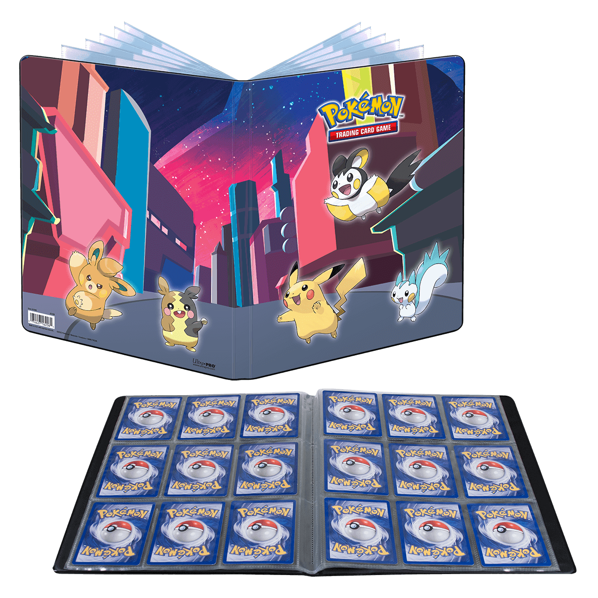 A blue Pokémon Trading Card Game 9-Pocket Portfolio with a shimmering skyline design. Brand: Ultra-Pro, Item: Gallery Series Shimmering Skyline 9-Pocket Portfolio for Pokémon.