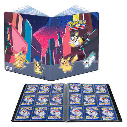 A blue Pokémon Trading Card Game 9-Pocket Portfolio with a shimmering skyline design. Brand: Ultra-Pro, Item: Gallery Series Shimmering Skyline 9-Pocket Portfolio for Pokémon.