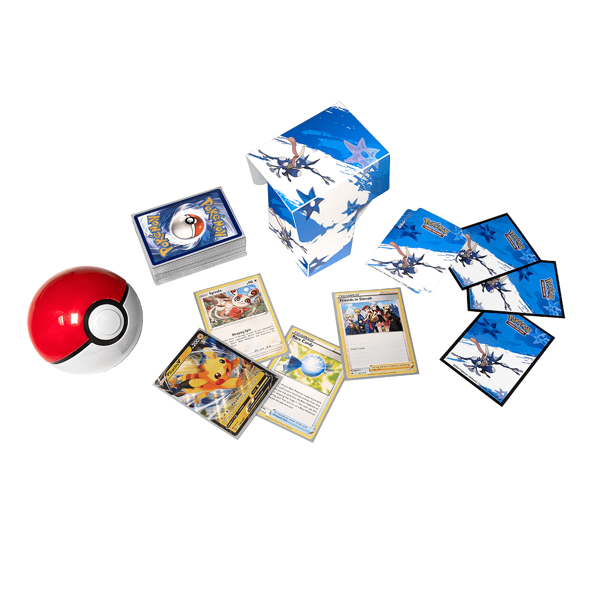 A red and white Pokeball, a stack of Pokemon cards, a Greninja deck box, and several Pokemon cards. Brand: Pokemon, Item: Greninja Full-View DECK BOX® for Pokemon
