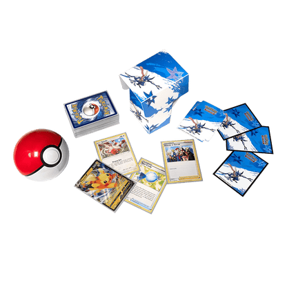 A red and white Pokeball, a stack of Pokemon cards, a Greninja deck box, and several Pokemon cards. Brand: Pokemon, Item: Greninja Full-View DECK BOX® for Pokemon