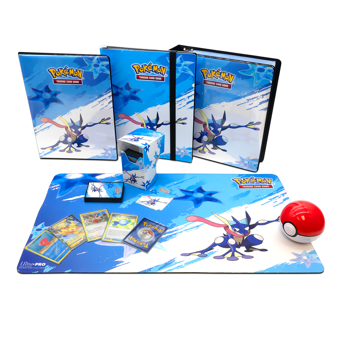 A blue and white Greninja themed playmat for Pokemon TCG. Brand: Ultra Pro, Item: Greninja Standard Gaming Playmat for Pokémon