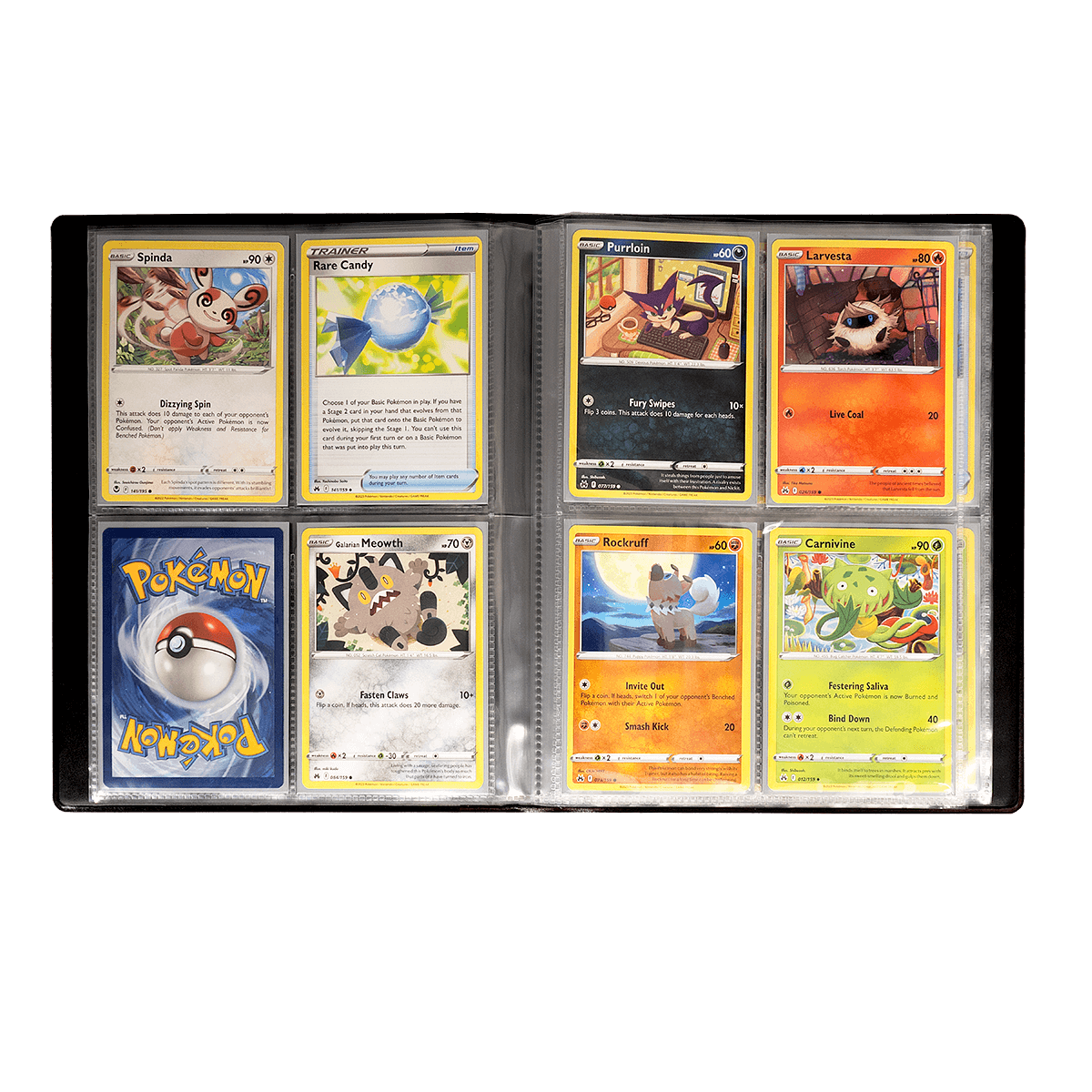 A black 4-pocket portfolio binder filled with Pokemon trading cards. Brand: Unknown, Item: Pokemon 4-Pocket Portfolio.