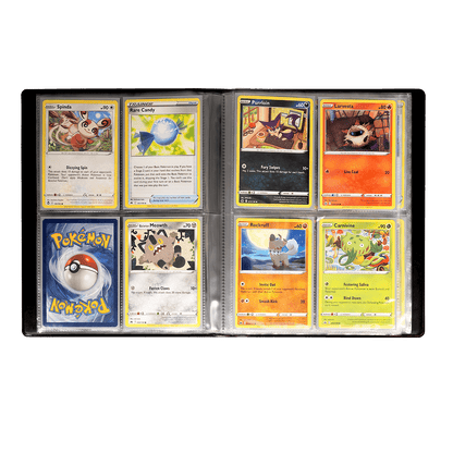 A black 4-pocket portfolio binder filled with Pokemon trading cards. Brand: Unknown, Item: Pokemon 4-Pocket Portfolio.