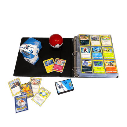 A black binder with Pokémon cards, a red and white Poké Ball, and a Greninja deck box. Brand: Unknown, Item: Greninja 2” Album for Pokémon