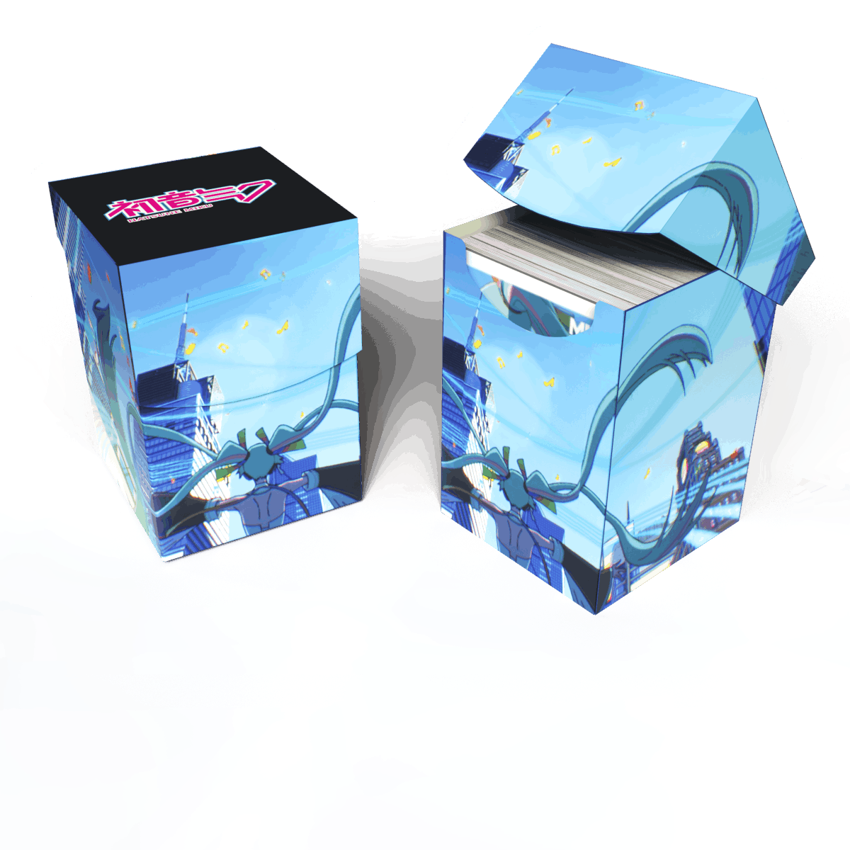 A blue and white Hatsune Miku MIKU EXPO 10th Anniversary 100+ DECK BOX®. Brand: Ultra PRO, Item: Hatsune Miku MIKU EXPO 10th Anniversary 100+ DECK BOX®.