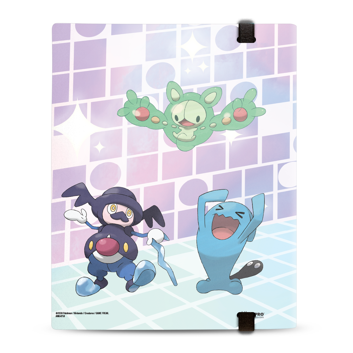 A colorful binder featuring Pokémon characters on a pastel grid background. Brand: Ultra PRO, Item: Gallery Series: Trick Room 9-Pocket PRO-BINDER® for Pokémon