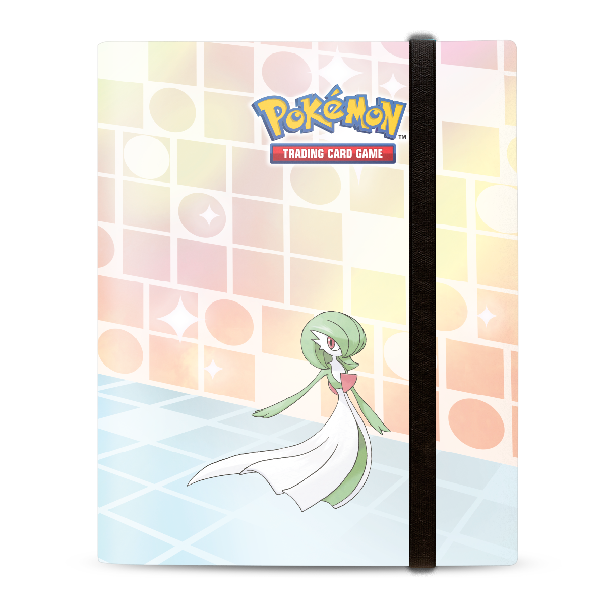 A white and green Gardevoir Pokémon Trading Card Game 9-Pocket PRO-BINDER with a black elastic closure.