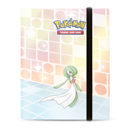 A white and green Gardevoir Pokémon Trading Card Game 9-Pocket PRO-BINDER with a black elastic closure.
