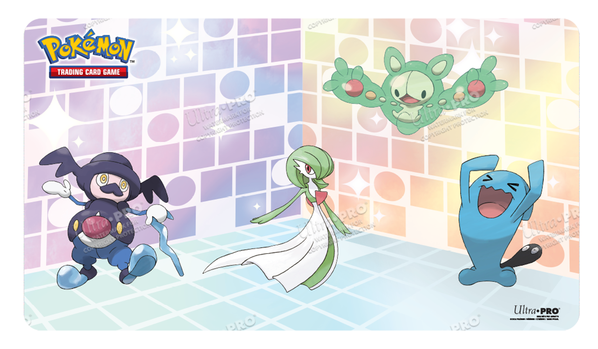 A colorful gaming playmat featuring Pokémon characters like Gardevoir, Mismagius, Ludicolo, and Wobbuffet. Brand: Ultra PRO, Item: Gallery Series: Trick Room Standard Gaming Playmat for Pokémon.