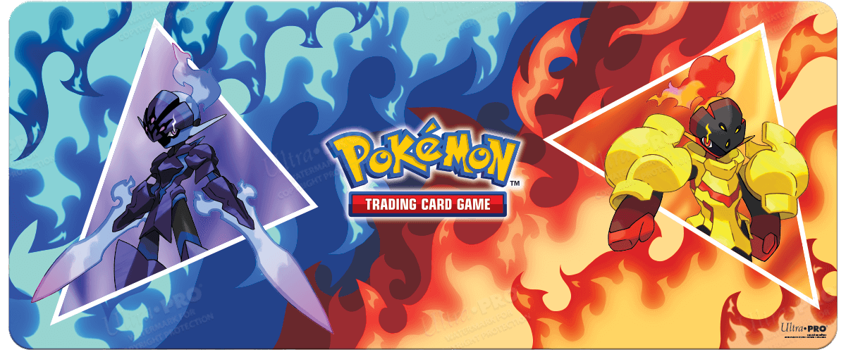 A blue and red Armarouge and Ceruledge 6ft table playmat. Brand: Ultra PRO, Item: Armarouge and Ceruledge 6ft Table Playmat for Pokémon