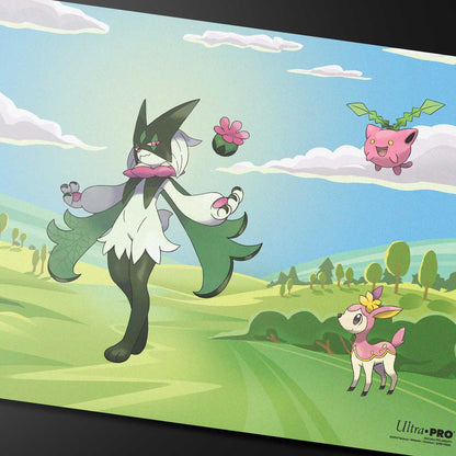 A colorful Playmat featuring Meowscarada, Jigglypuff, and Deerling in a morning meadow scene. Brand: Ultra PRO, Item: Gallery Series: Morning Meadow Playmat for Pokémon.