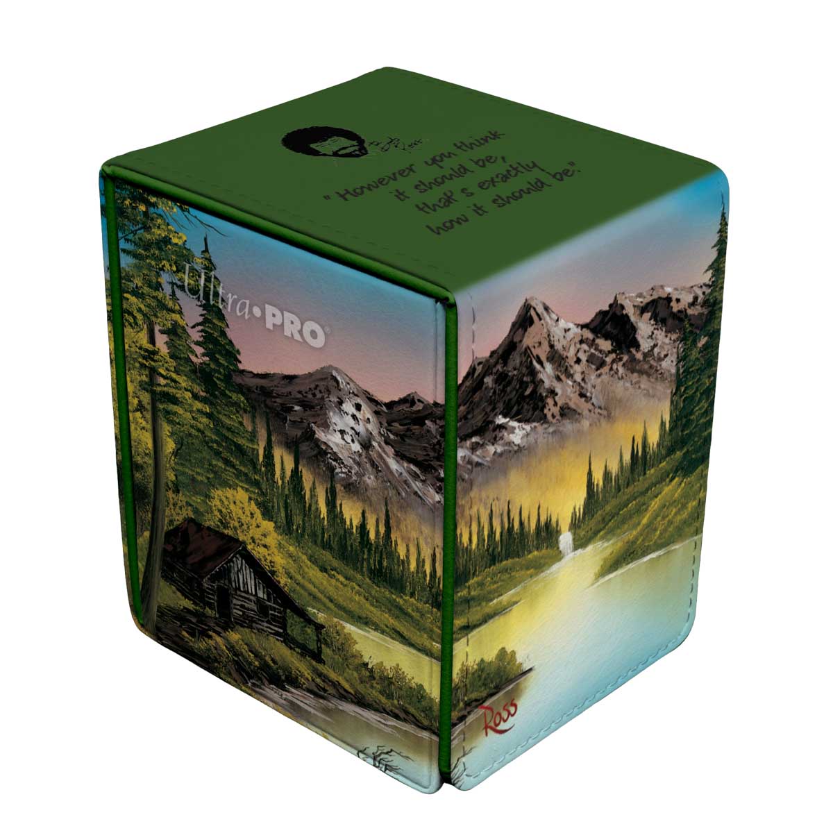 A green deck box featuring a Bob Ross painting of a mountain landscape with a cabin. Brand: Ultra PRO, Item: Bob Ross Mountain Retreat ALCOVE® Flip