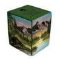 A green deck box featuring a Bob Ross painting of a mountain landscape with a cabin. Brand: Ultra PRO, Item: Bob Ross Mountain Retreat ALCOVE® Flip
