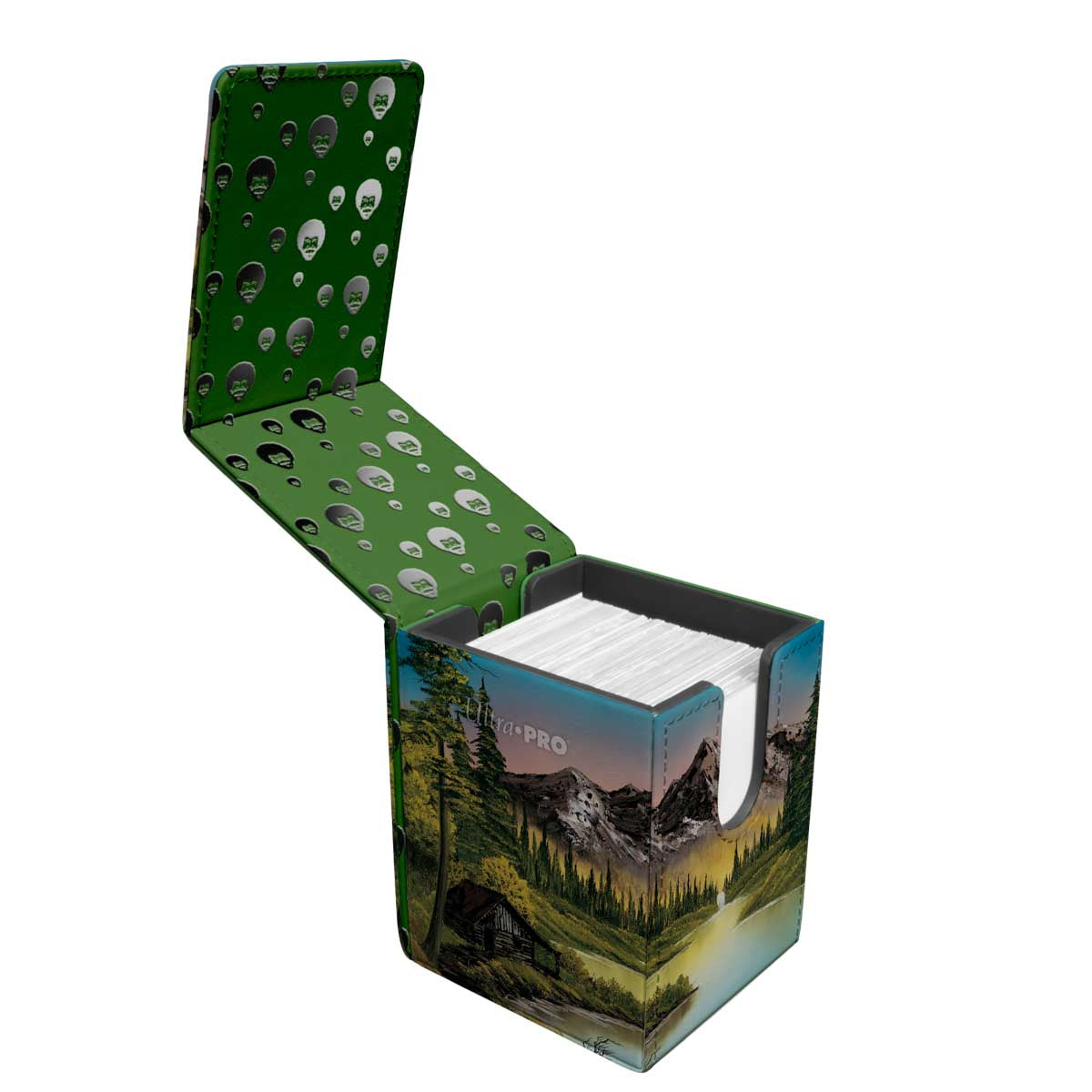 A green Bob Ross Mountain Retreat ALCOVE Flip Deck Box. Brand: Ultra PRO, Item: Bob Ross Mountain Retreat ALCOVE® Flip