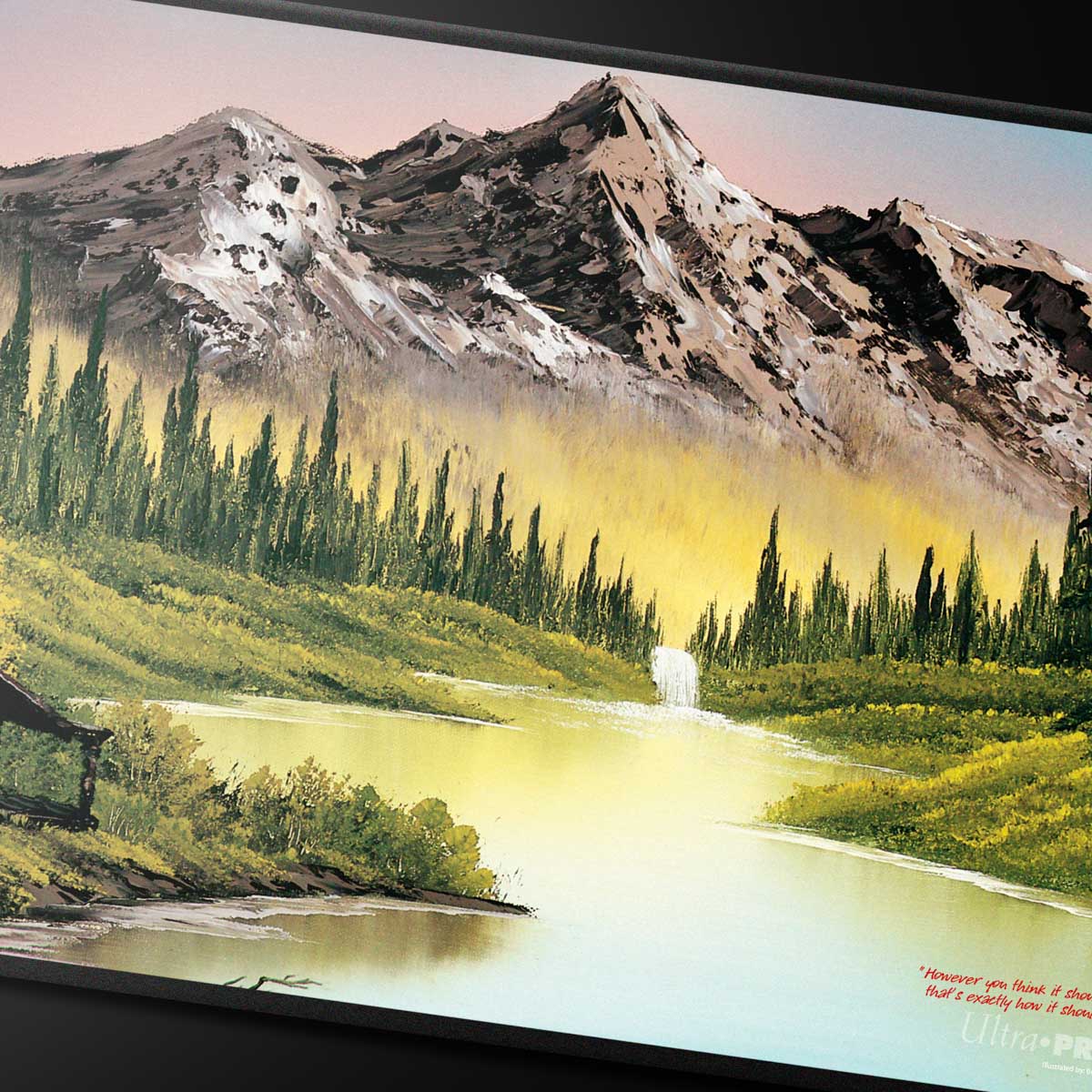 A Bob Ross Mountain Retreat Black Stitched Playmat. Brand: Ultra PRO, Item: Mountain Retreat Playmat.