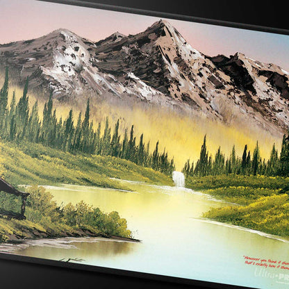 A Bob Ross Mountain Retreat Black Stitched Playmat. Brand: Ultra PRO, Item: Mountain Retreat Playmat.