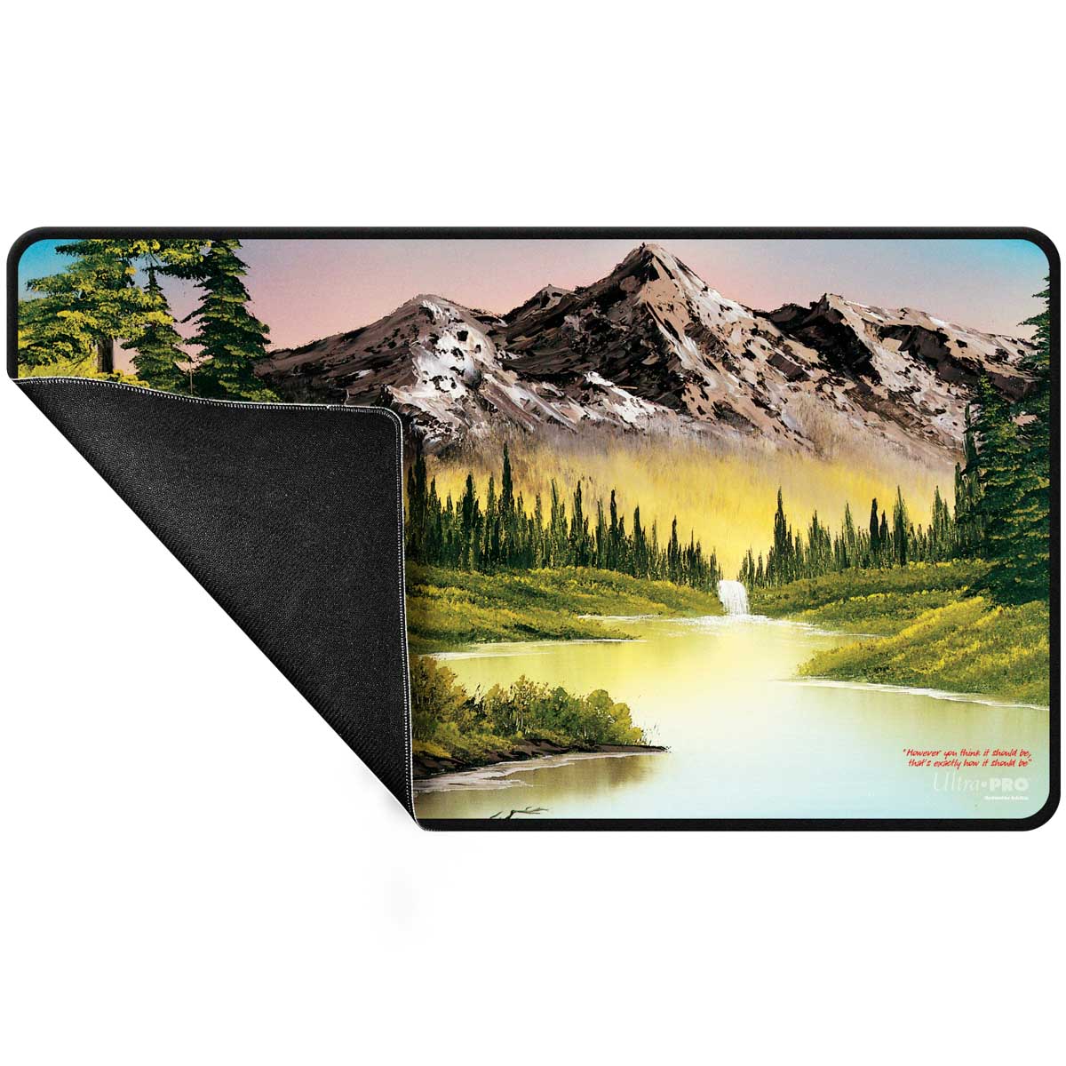 A Bob Ross Mountain Retreat Black Stitched Playmat. Brand: Ultra-Pro, Item: Mountain Retreat Playmat.