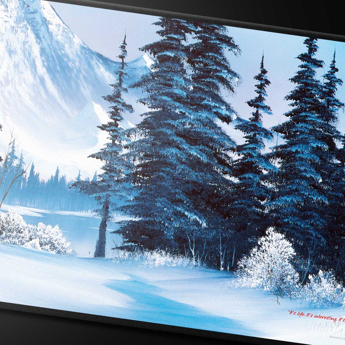 A Bob Ross Winter Paradise Black Stitched Playmat for Tabletop Gaming.