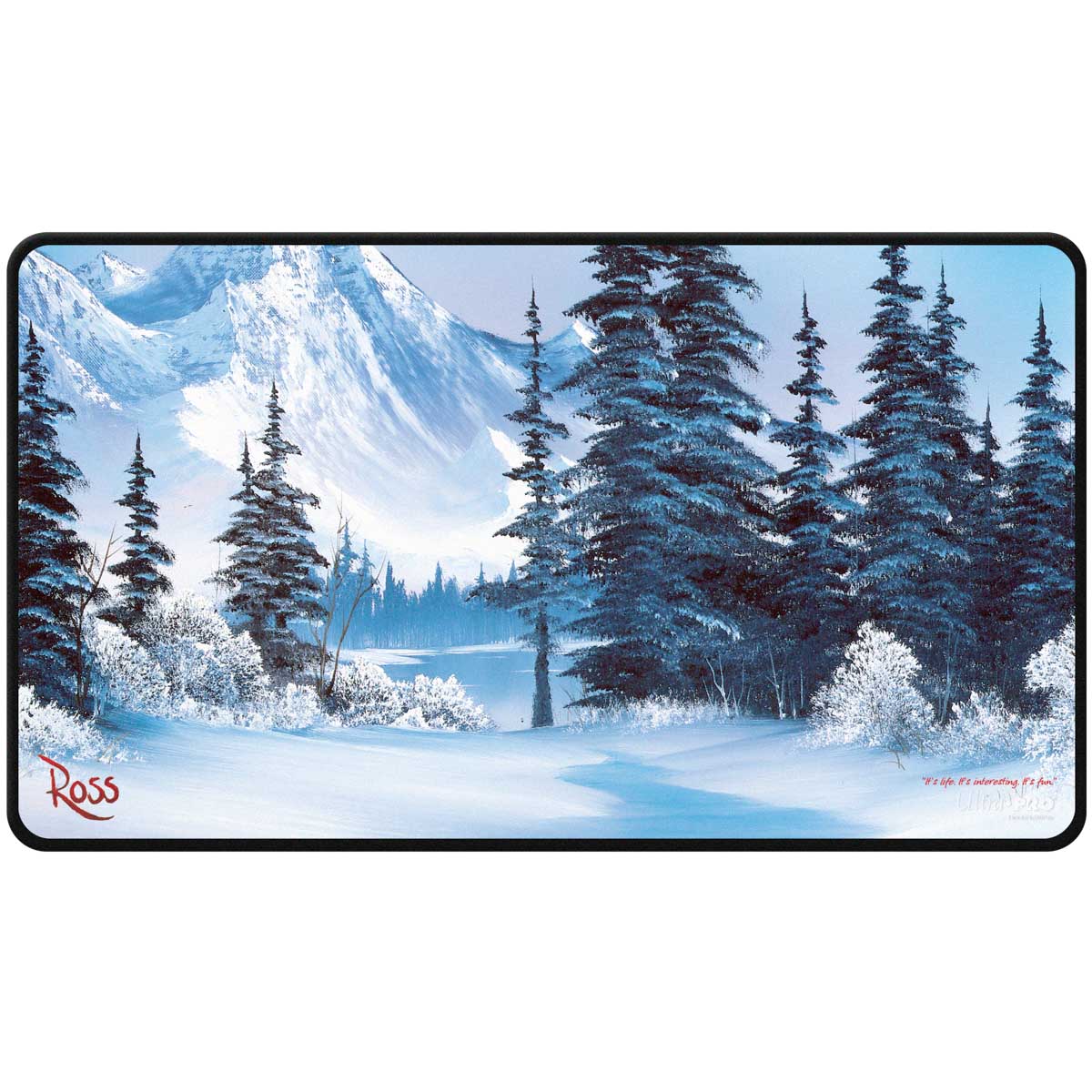 A Winter Paradise Black Stitched Playmat featuring a Bob Ross painting. Brand: Ultra PRO, Item: Bob Ross - Winter Paradise Black Stitched Playmat for Tabletop Gaming.
