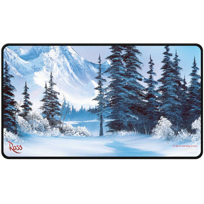 A Winter Paradise Black Stitched Playmat featuring a Bob Ross painting. Brand: Ultra PRO, Item: Bob Ross - Winter Paradise Black Stitched Playmat for Tabletop Gaming.