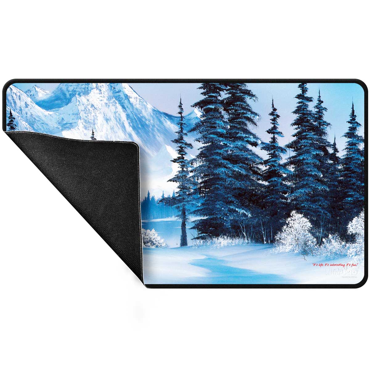 A Bob Ross Winter Paradise Black Stitched Playmat for Tabletop Gaming. Brand: Bob Ross, Item: Winter Paradise Playmat.