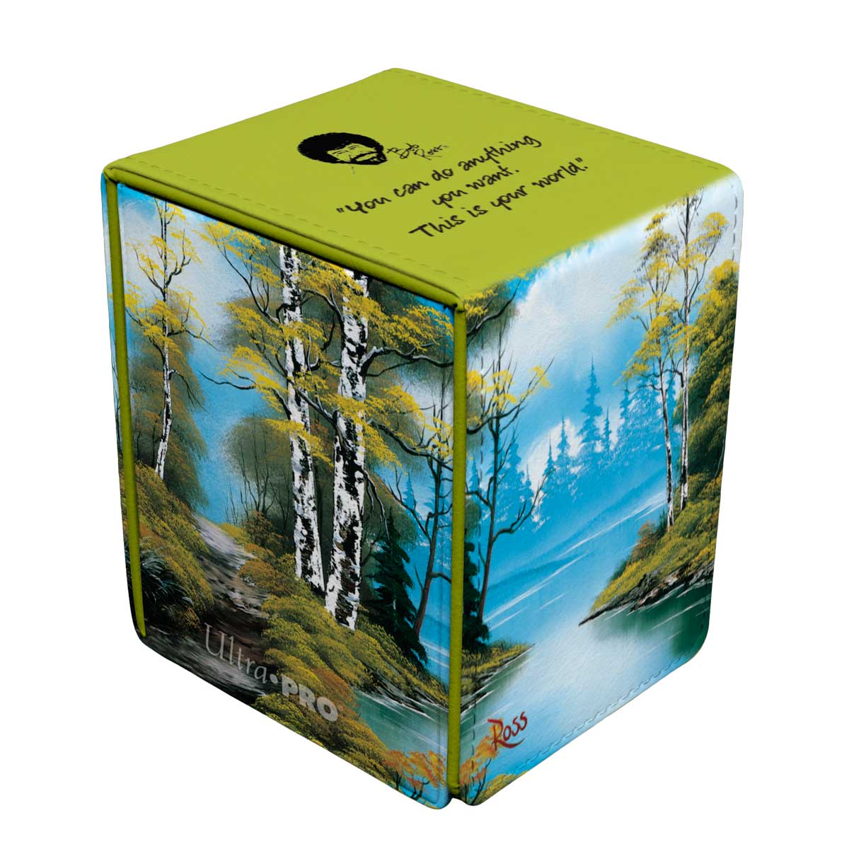 A green and painted Bob Ross Lakeside Path ALCOVE Flip DECK BOX. Brand: Ultra PRO, Item: Bob Ross Lakeside Path ALCOVE Flip DECK BOX.