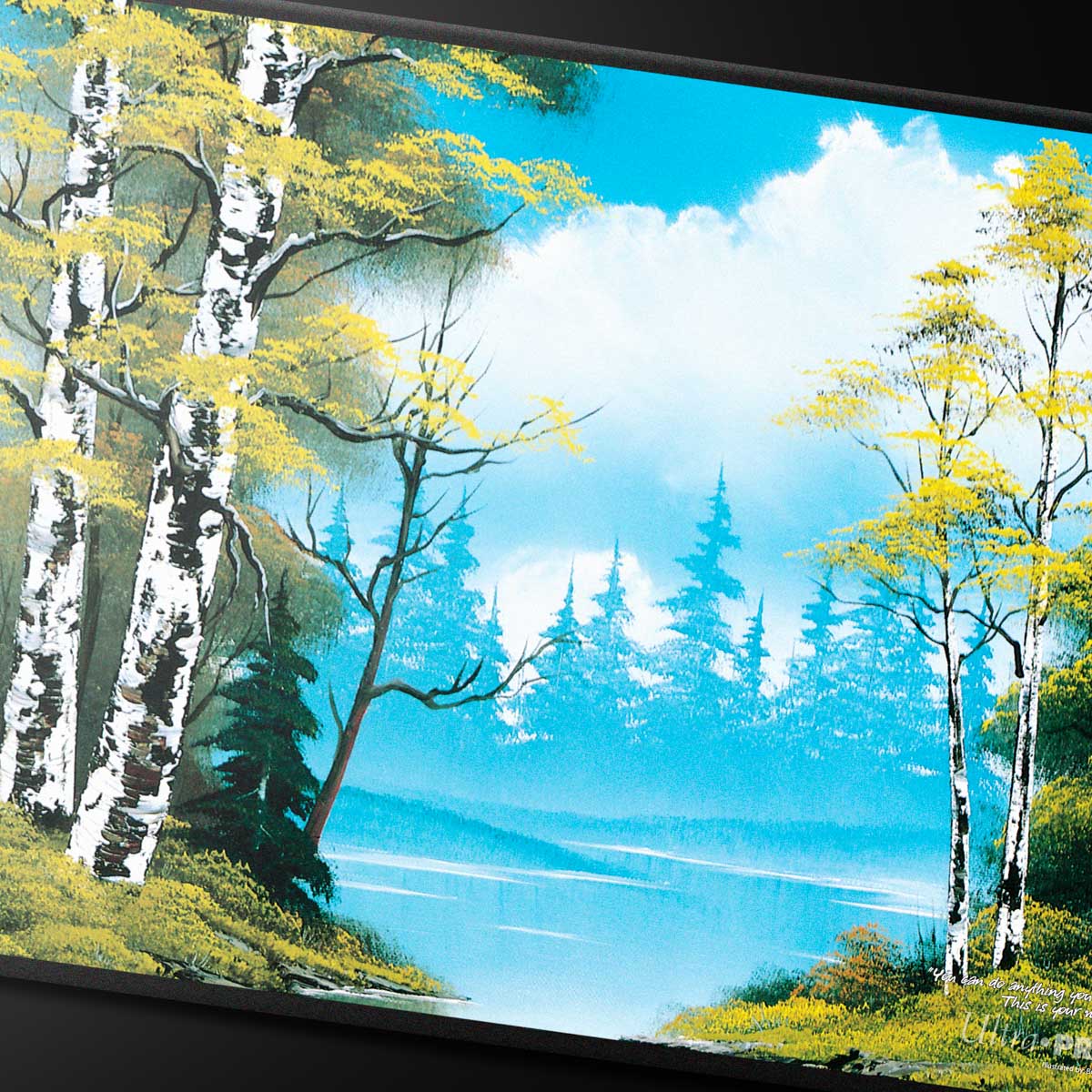 A Bob Ross Lakeside Path Black Stitched Playmat. Brand: Unknown, Item: Lakeside Path Playmat.