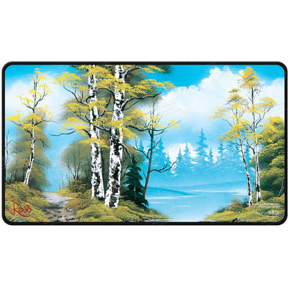 A Bob Ross Lakeside Path Black Stitched Playmat. Brand: Ultra PRO, Item: Lakeside Path Playmat.