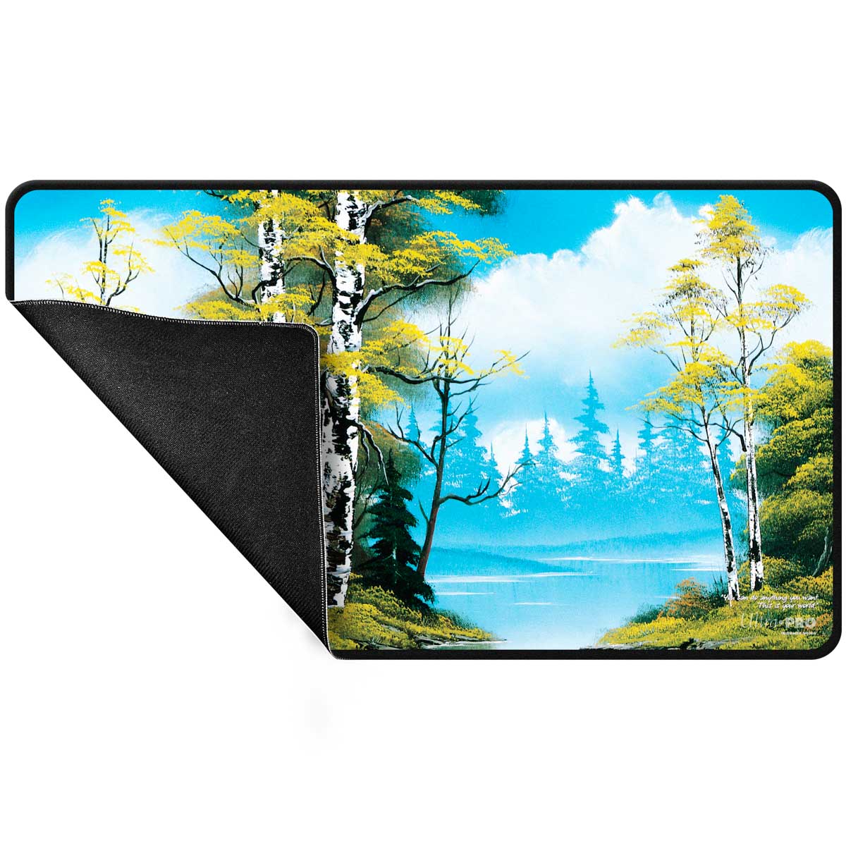 A Bob Ross Lakeside Path Black Stitched Playmat. Brand: Unknown, Item: Bob Ross Lakeside Path Black Stitched Playmat.