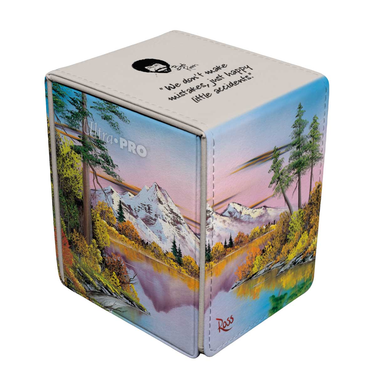 A Bob Ross Mighty Mountain Lake ALCOVE Flip Deck Box. Brand: Ultra PRO, Item: Bob Ross Mighty Mountain Lake ALCOVE Flip Deck Box