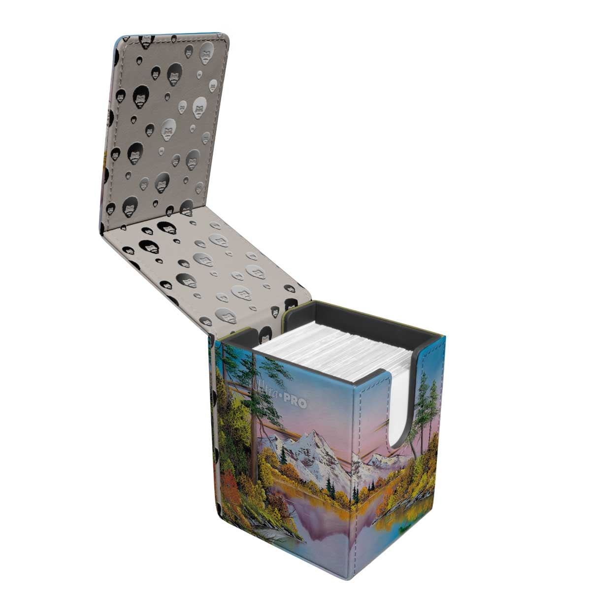 A Bob Ross Mighty Mountain Lake ALCOVE Flip Deck Box. Brand: Ultra PRO, Item: Bob Ross Mighty Mountain Lake ALCOVE Flip Deck Box