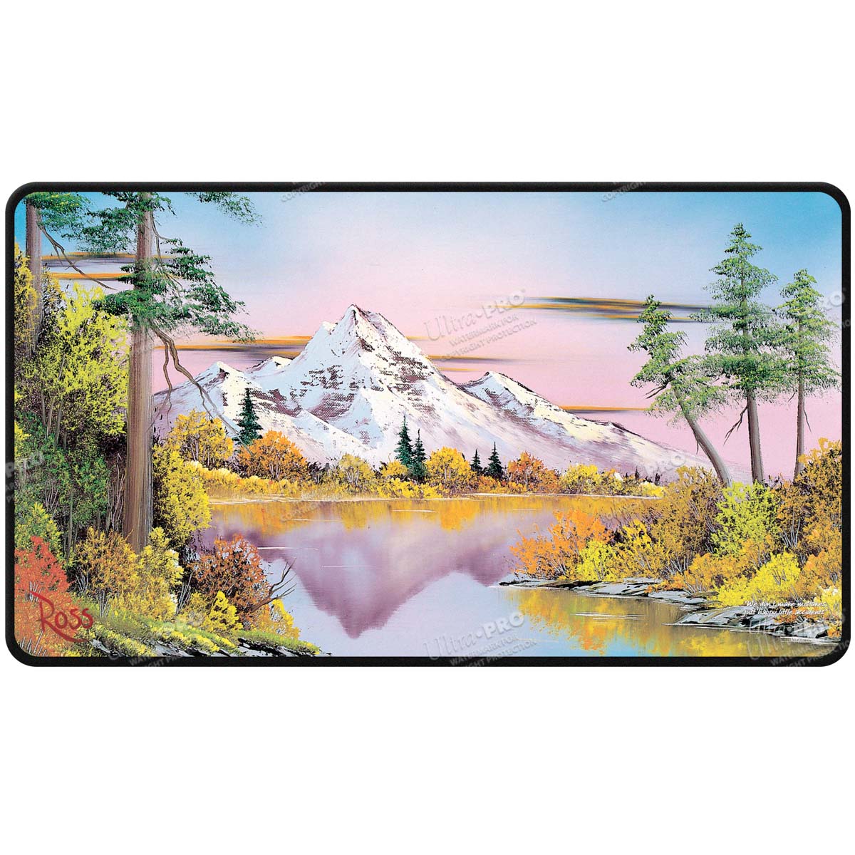 A Bob Ross Mighty Mountain Lake Black Stitched Playmat. Brand: Ultra PRO, Item: Bob Ross Mighty Mountain Lake Black Stitched Playmat.