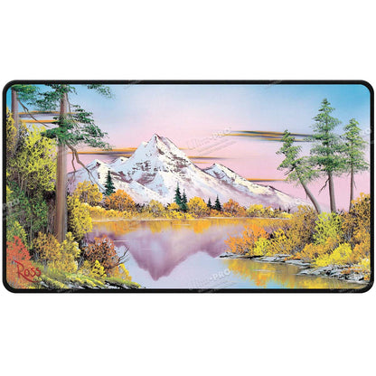 A Bob Ross Mighty Mountain Lake Black Stitched Playmat. Brand: Ultra PRO, Item: Bob Ross Mighty Mountain Lake Black Stitched Playmat.