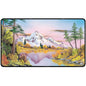 A Bob Ross Mighty Mountain Lake Black Stitched Playmat. Brand: Ultra PRO, Item: Bob Ross Mighty Mountain Lake Black Stitched Playmat.