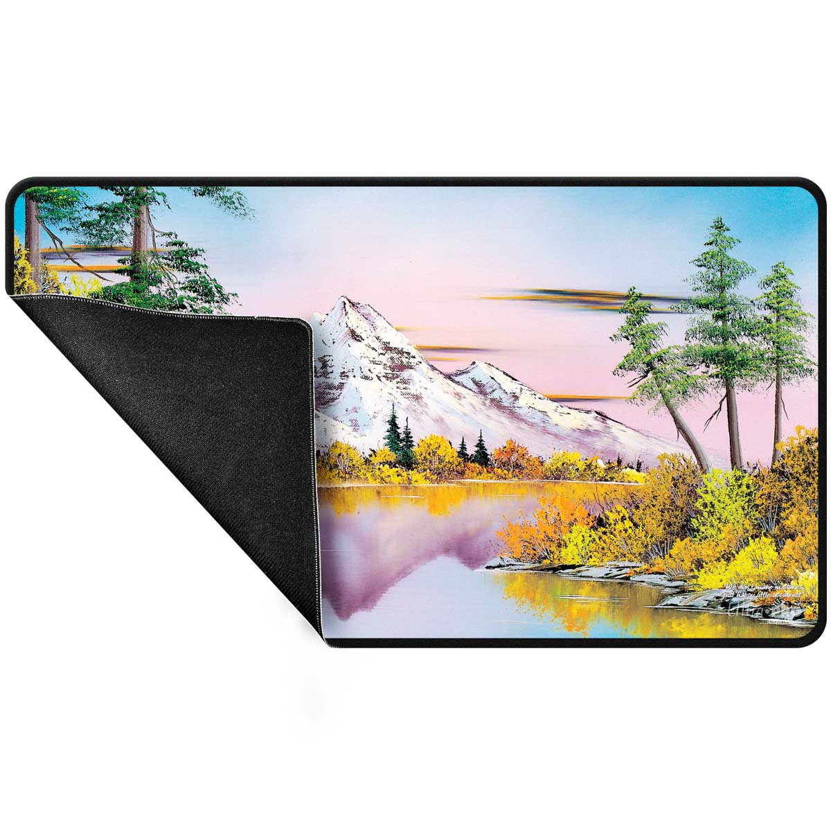 A Bob Ross Mighty Mountain Lake Black Stitched Playmat. Brand: Bob Ross, Item: Mighty Mountain Lake Playmat.