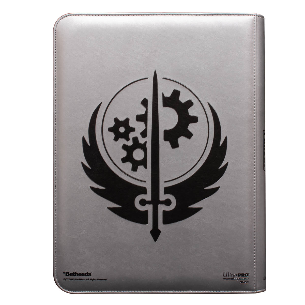 A silver Fallout Brotherhood of Steel 9-Pocket Zippered PRO-BINDER. Brand: Ultra PRO, Item: Fallout Brotherhood of Steel 9-Pocket Zippered PRO-BINDER
