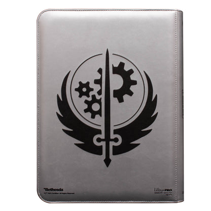 A silver Fallout Brotherhood of Steel 9-Pocket Zippered PRO-BINDER. Brand: Ultra PRO, Item: Fallout Brotherhood of Steel 9-Pocket Zippered PRO-BINDER