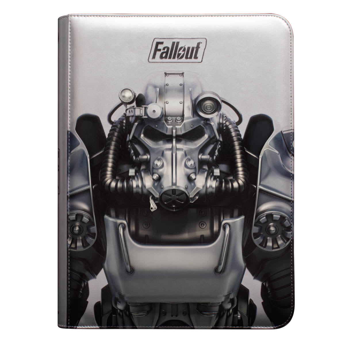 A silver Fallout Brotherhood of Steel 9-Pocket Zippered PRO-BINDER. Brand: Ultra PRO, Item: Fallout - Brotherhood of Steel 9-Pocket Zippered PRO-BINDER® for Tabletop Gaming